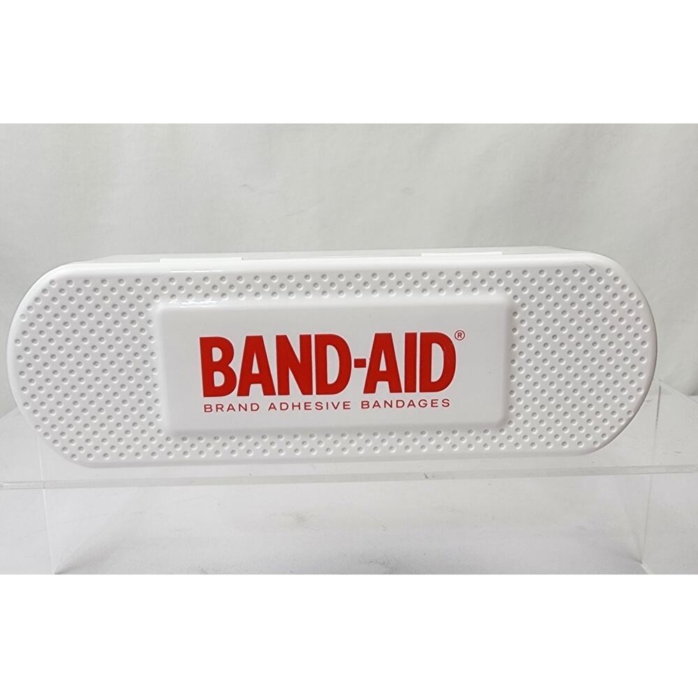 BAND-AID Shaped Storage Box 8.25” White Plastic Container Hinged Logo & Insert